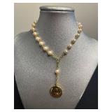 VTG Jewelry Lot: Gold Tone 1776 Bicentennial $20 Coin Pendant, Black Onyx Bead Necklace, Faux Pearl Gold-Tone Chain w Pray For Us Pendant, Stretch Bracelet w/ Madonna Cameo & Floral Tiles, Umbrella Pi