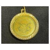 VTG Jewelry Lot: Gold Tone 1776 Bicentennial $20 Coin Pendant, Black Onyx Bead Necklace, Faux Pearl Gold-Tone Chain w Pray For Us Pendant, Stretch Bracelet w/ Madonna Cameo & Floral Tiles, Umbrella Pi