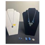 Blue Crystal Necklace & Earrings Set - Gold-Tone with Silver Chain & Elsie Necklace w "Cow" Face Pendant