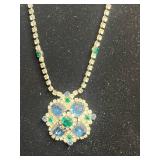 Sterling Silver India Teal Center Ring SZ 6 & Necklace Set with Crystal Halo & Pearl Border & More!