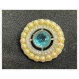 Sterling Silver India Teal Center Ring SZ 6 & Necklace Set with Crystal Halo & Pearl Border & More!