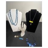 Silver Pendant Necklace, 925 Ring, King Tut Charm, Blue Glass Bead Necklaces Set