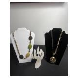 Sterling Black Onyx Cameo Ring, Two Vintage Gold-Tone Necklaces - Beaded Color-Strand & Medal Pendant