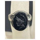 Sterling Black Onyx Cameo Ring, Two Vintage Gold-Tone Necklaces - Beaded Color-Strand & Medal Pendant