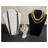 925 Ring & Beaded Necklaces - Blue/Black Multi-Strand Glass Beads & Gold Faux Pearl Strand