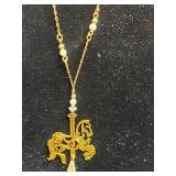 VTG Matisse Amber & Turquoise Necklace, Gold-Tone Mosaic Bead Bracelet, Gold Tone Necklace w Horse Pendant, Necklace Greek Like Cameo
