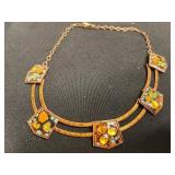 VTG Matisse Amber & Turquoise Necklace, Gold-Tone Mosaic Bead Bracelet, Gold Tone Necklace w Horse Pendant, Necklace Greek Like Cameo