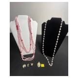 Pretty Sterling Pendant, Pink Bead Necklace w Multi-Strand Beads with Red Accents & Pale Pink Chain & VTG Bird Pins