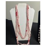 Pretty Sterling Pendant, Pink Bead Necklace w Multi-Strand Beads with Red Accents & Pale Pink Chain & VTG Bird Pins