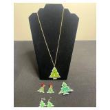 Green Enamel Christmas Tree Necklace, Brooch & Earrings Set