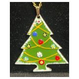 Green Enamel Christmas Tree Necklace, Brooch & Earrings Set