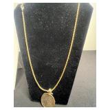 Gold Tone Chain Necklace with Medallion Pendant; Silver Filigree Cross Pendant; Turquoise Bead Jewelry