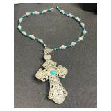Gold Tone Chain Necklace with Medallion Pendant; Silver Filigree Cross Pendant; Turquoise Bead Jewelry