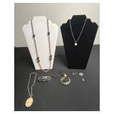 VTG Misc Necklace Set w Mustard Seed Pendant, Agate Pendant, Bead Accents, Pill Box & Earrings