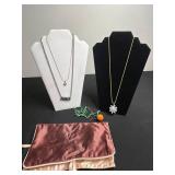 VTG Necklace Set: Silver Tone Bar Pendant Necklace, & Gold Tone Floral Crystal Pendant, Pink Gem Stone Pendant, Orange Pendant in Travel Bag