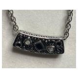 VTG Necklace Set: Silver Tone Bar Pendant Necklace, & Gold Tone Floral Crystal Pendant, Pink Gem Stone Pendant, Orange Pendant in Travel Bag