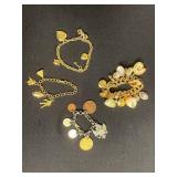 Lot of VTG Charm Bracelets - Gold-Tone with Coin & Seashell Charms