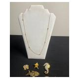 12K GF Gold-Filled Necklace, 10K GF Eagle Pin & Assorted Marine Pins with Seahorse & Sea Creature Charms