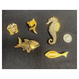 12K GF Gold-Filled Necklace, 10K GF Eagle Pin & Assorted Marine Pins with Seahorse & Sea Creature Charms
