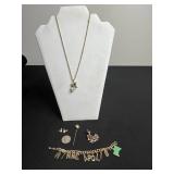 Faux Pearl Pendant Necklace w Matching Earrings, Minneapolis Letter Bracelet - Gold-tone Chain with Minnesota State Charm & Gemstone Chicken Pin