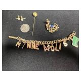 Faux Pearl Pendant Necklace w Matching Earrings, Minneapolis Letter Bracelet - Gold-tone Chain with Minnesota State Charm & Gemstone Chicken Pin