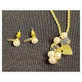 Faux Pearl Pendant Necklace w Matching Earrings, Minneapolis Letter Bracelet - Gold-tone Chain with Minnesota State Charm & Gemstone Chicken Pin