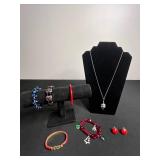 24K GP Bracelet, Green Frog Pendant Necklace on Silver Tone Chain & Lot of VTG Stretch & Bangle Bracelets & Earrings