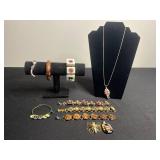 Vintage Jewelry Lot: Glass Pendant Necklace & Mahjong Stretch, Floral Charm, Bangle & Beaded Bracelets, Signed Pendant