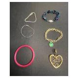 Blue Gemstone Bracelet w 925 Clasp, Gold-Tone Filigree Heart Pendant - Beaded Crystal Bracelet & Green Enamel Disc Chain