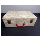 White Crocodile-Pattern Jewelry Travel Box with Red Handle & Brass Clasps