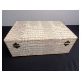 White Crocodile-Pattern Jewelry Travel Box with Red Handle & Brass Clasps