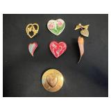 Lot of VTG Heart Pins Inc 12K GF Gold Love Heart Locket Pendant w Bow Charm - Hand-Painted Orchid Front & Laurel Burch "Dove Heart" Brooch & More!