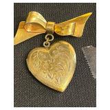 Lot of VTG Heart Pins Inc 12K GF Gold Love Heart Locket Pendant w Bow Charm - Hand-Painted Orchid Front & Laurel Burch "Dove Heart" Brooch & More!