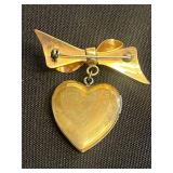 Lot of VTG Heart Pins Inc 12K GF Gold Love Heart Locket Pendant w Bow Charm - Hand-Painted Orchid Front & Laurel Burch "Dove Heart" Brooch & More!