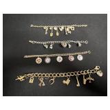 Set of 4 Assorted Charm Bracelets - Gold-Tone with Enamel Discs & Key Pendants
