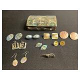 Abalone Shell Mosaic Jewelry Set in Silver Tone - Earrings & Tie Clip in Jewelry Case