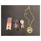 VTG Purple Heart Pin, Eagle Pin, Gold Tone Necklace w Bicentennial Pendant, Independence Pin w Ribbon