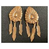 VTG Collectible Pair of "Cow" Earrings, Pink & Copper Beaded: Signed Enamel Squares, Tassel Earrings, Sunburst Drops