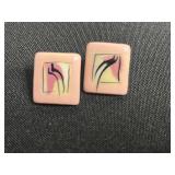 VTG Collectible Pair of "Cow" Earrings, Pink & Copper Beaded: Signed Enamel Squares, Tassel Earrings, Sunburst Drops