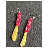 VTG Collectible Pair of "Cow" Earrings, Pink & Copper Beaded: Signed Enamel Squares, Tassel Earrings, Sunburst Drops
