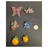 Vintage Rhinestone Brooch Set - Butterfly, Floral & Starburst in Gold-Tone Inc HAR Orange Pin