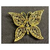 Vintage Rhinestone Brooch Set - Butterfly, Floral & Starburst in Gold-Tone Inc HAR Orange Pin