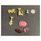 Vintage Gold-Tone Cat Brooches with Pink Cabochon Pin & Earring Set