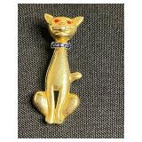 Vintage Gold-Tone Cat Brooches with Pink Cabochon Pin & Earring Set