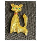 Vintage Gold-Tone Cat Brooches with Pink Cabochon Pin & Earring Set