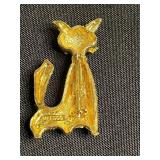 Vintage Gold-Tone Cat Brooches with Pink Cabochon Pin & Earring Set