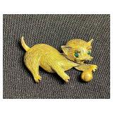 Vintage Gold-Tone Cat Brooches with Pink Cabochon Pin & Earring Set