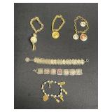 Two 12K GF Bracelets, Vintage Paris Tour Eiffel Medallion Charm Bracelet Set, Gold Tone Hawaii Charm Bracelet