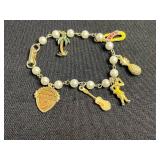 Two 12K GF Bracelets, Vintage Paris Tour Eiffel Medallion Charm Bracelet Set, Gold Tone Hawaii Charm Bracelet
