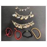 VTG Bead/Stone Charm Bracelets Collection - Red, Black & Amber Shell Beads & Stretchy Bracelets